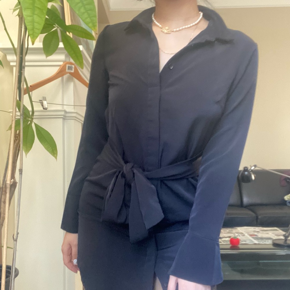 MUSTARD SEED Black Button Up Tie Front Cut Out Shirt Dress